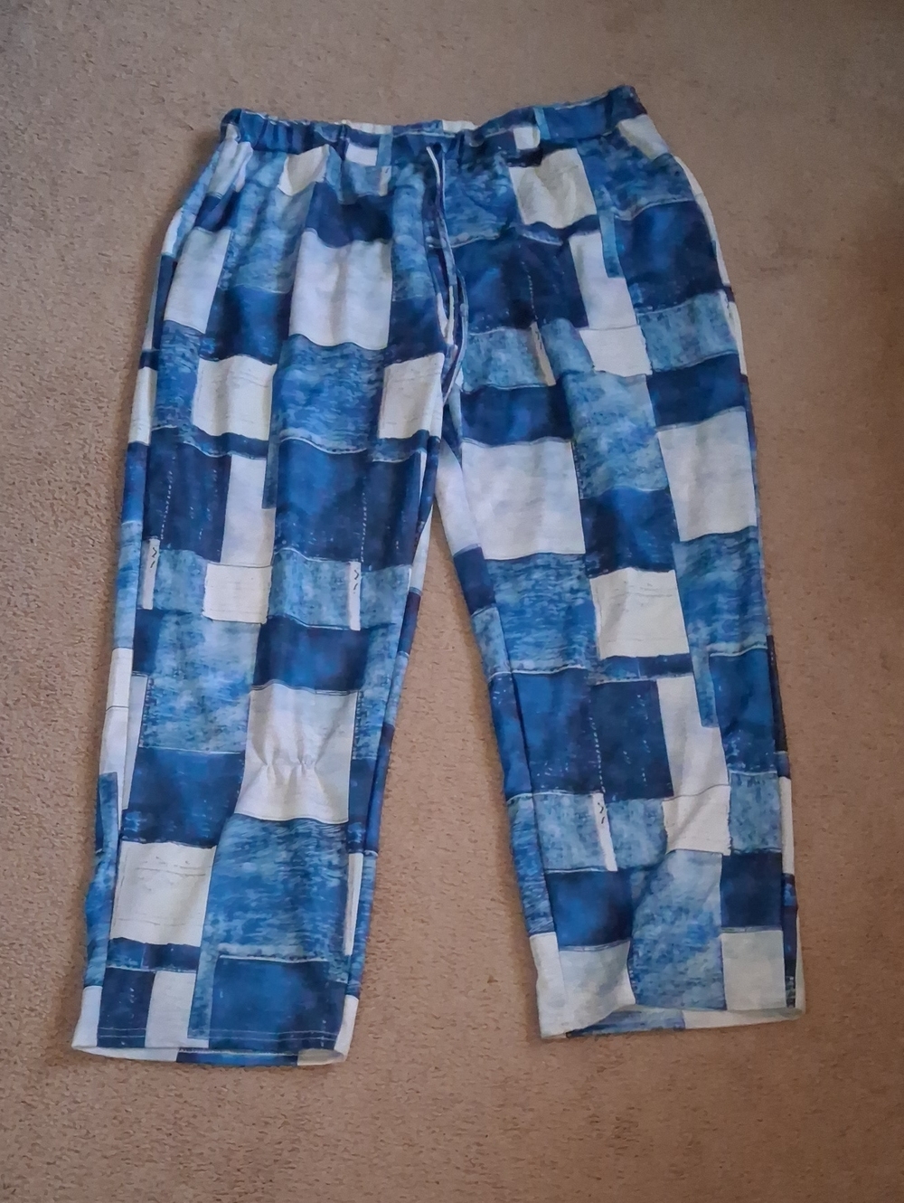 Blue & White Checkboard Casual Women Pants Stretchy Pants 3XL